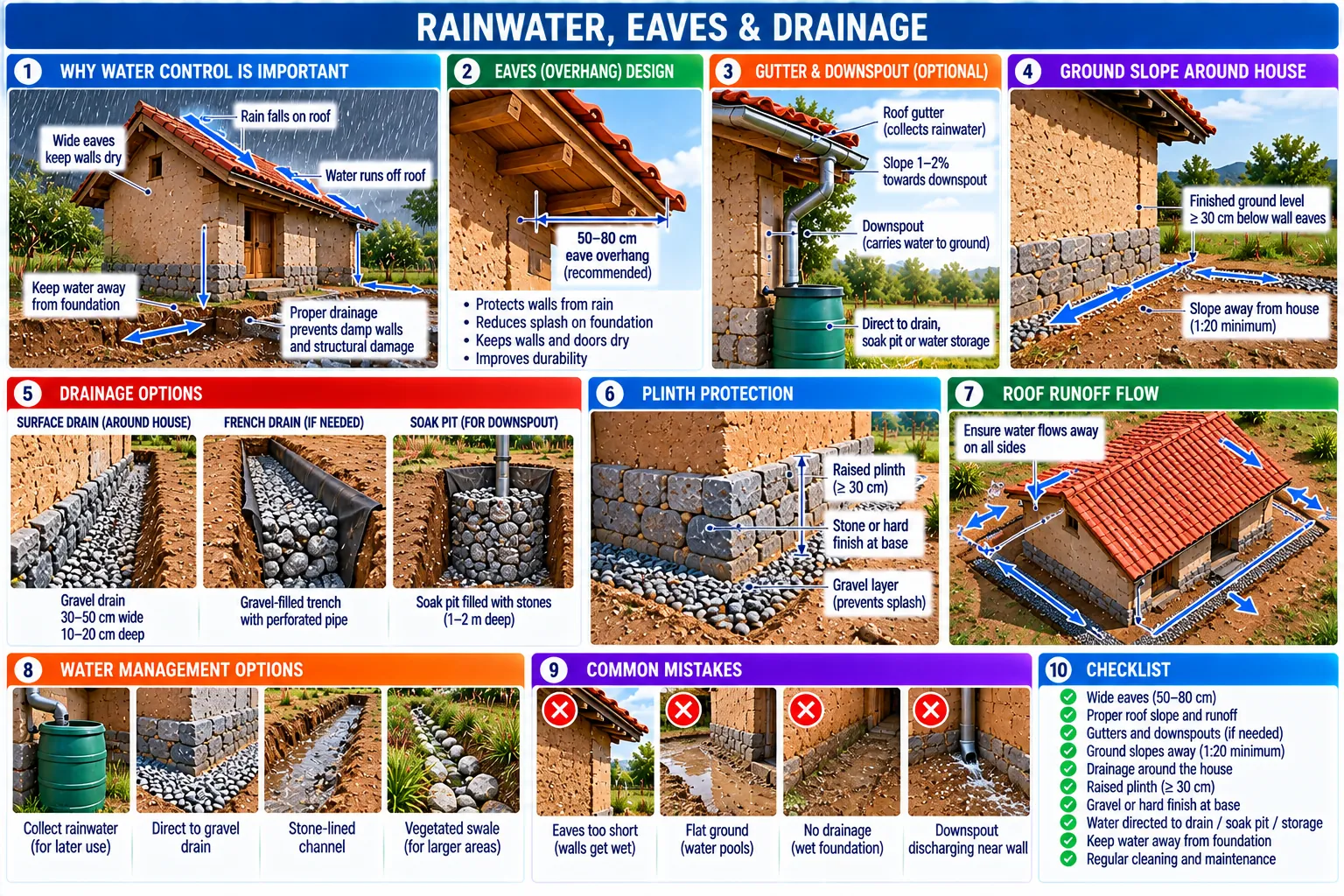Ten panels: why water control matters, eaves, gutters and downspouts, ground slope, drainage options, plinth protection, roof runoff, water management, common mistakes, and a checklist.