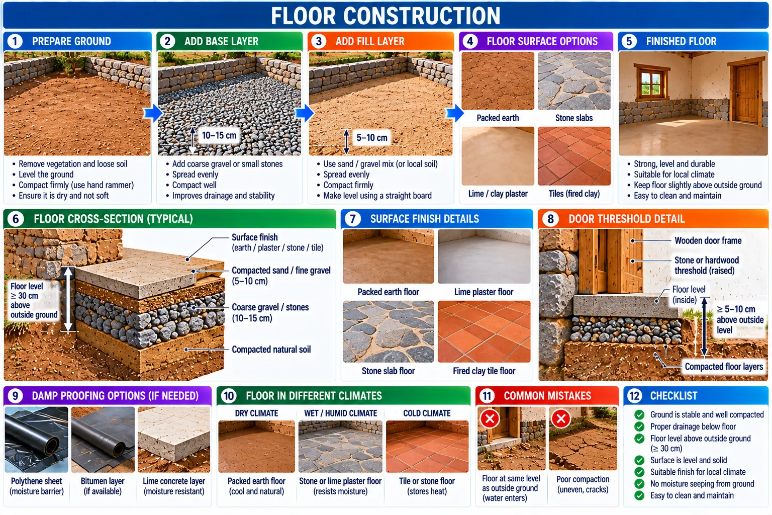 Twelve panels: preparing the ground, the gravel base, the fill layer, surface options, a cross-section, finishes, the door threshold, damp-proofing, floors for different climates, common mistakes, and a checklist.