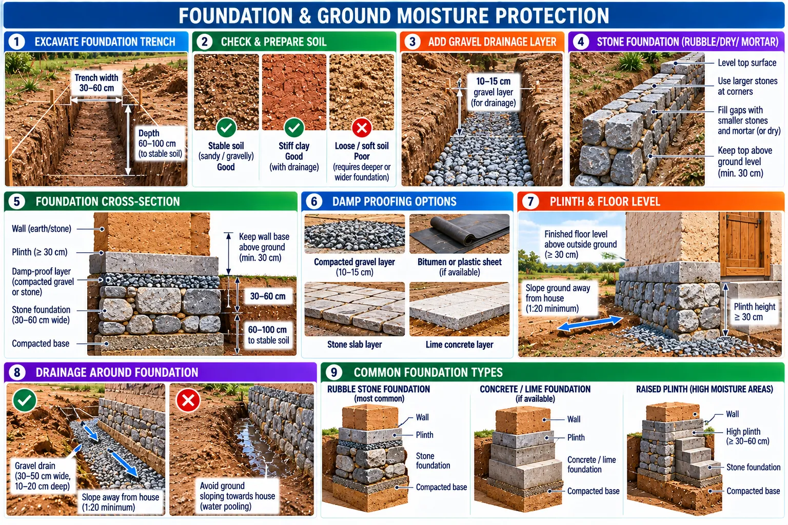 Nine panels: the trench, soil types, a gravel layer, the stone foundation, a cross-section, damp-proofing options, plinth and floor level, drainage round the foundation, and three common foundation types.