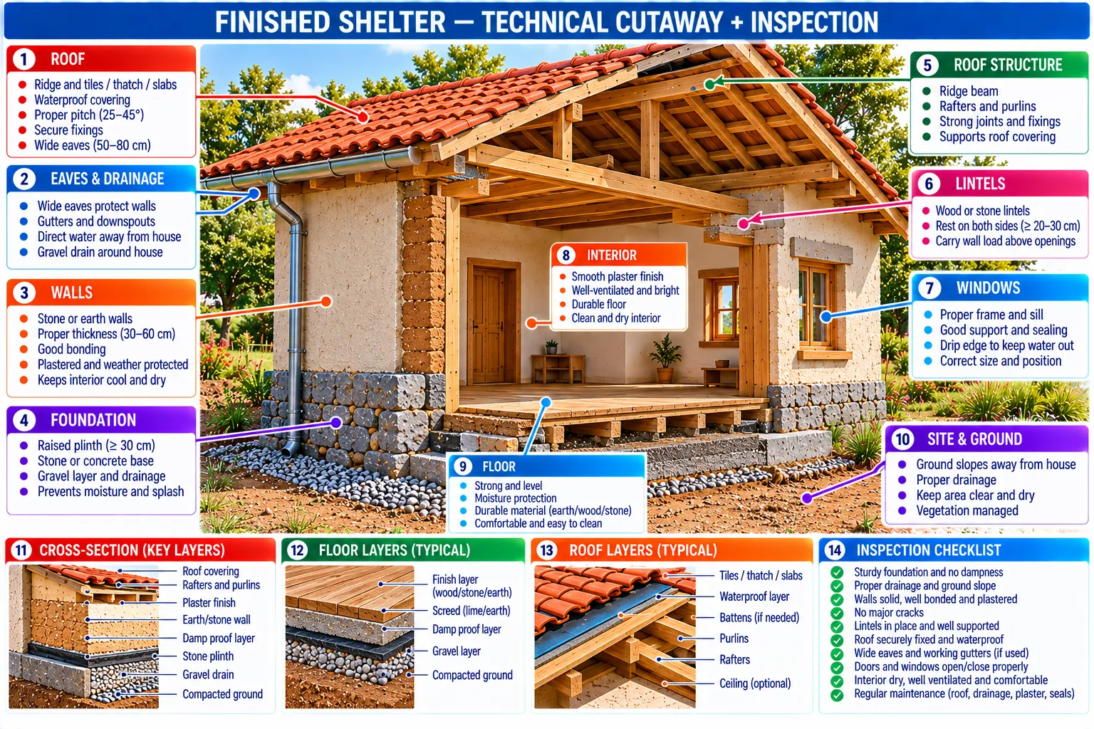 A labelled cutaway of the finished house (roof, eaves, walls, foundation, lintels, windows, interior, floor and site), cross-sections of the wall, floor and roof, and an inspection checklist.