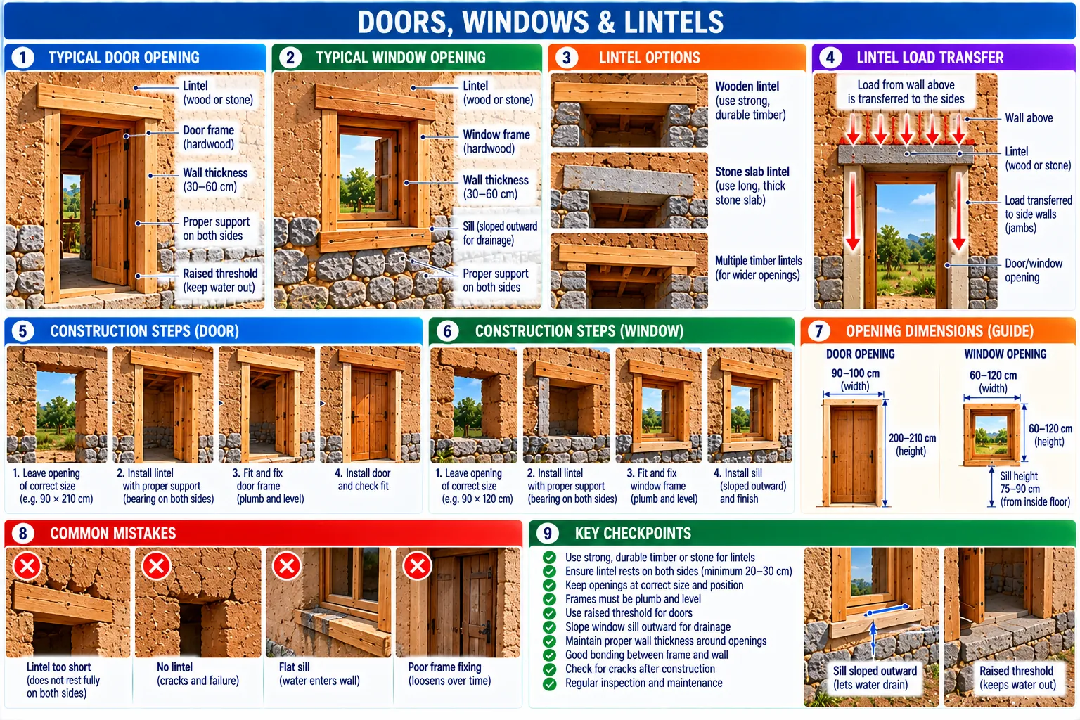 Nine panels: a typical door and window, lintel options, how a lintel carries the wall, construction steps for each, opening dimensions, common mistakes, and key checkpoints.