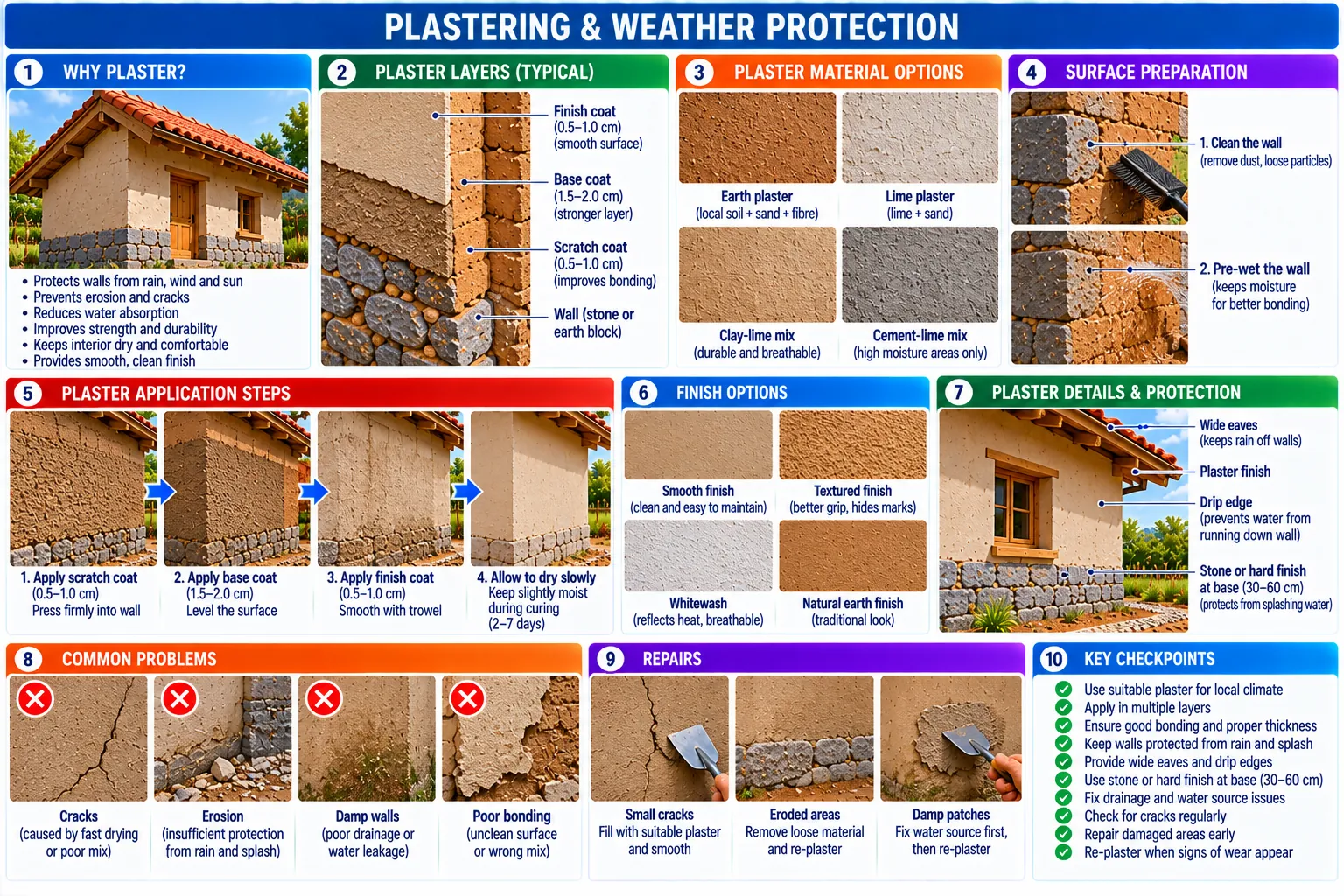 Ten panels: why to plaster, the three coats, material options, surface preparation, application steps, finishes, details and protection, common problems, repairs, and key checkpoints.