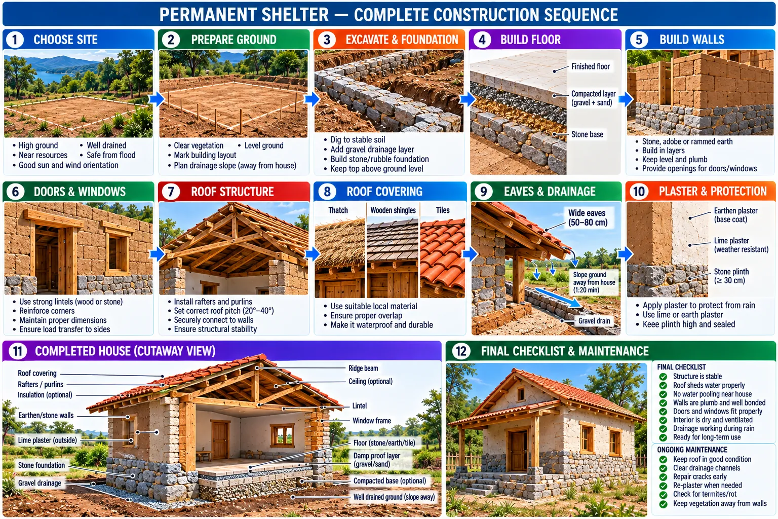 Twelve panels in order: site, ground preparation, foundation, floor, walls, doors and windows, roof frame, roof covering, eaves and drainage, plaster, a cutaway of the finished house, and a final checklist with ongoing maintenance.