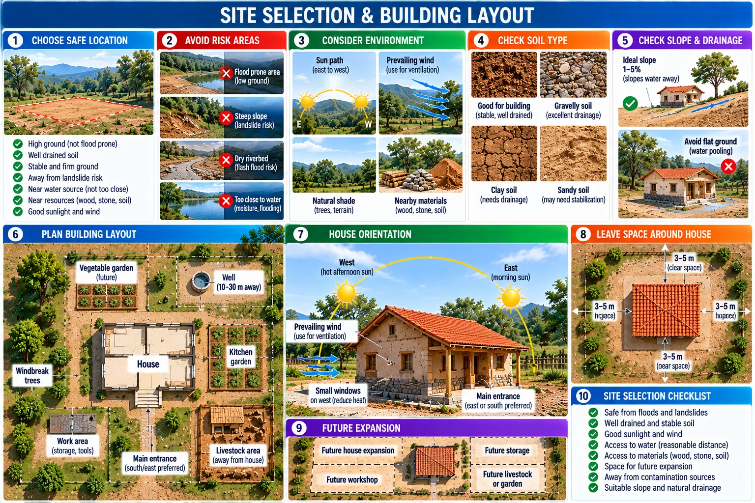 Ten panels: a safe location, areas to avoid, sun, wind, shade and materials, soil types, slope and drainage, a homestead layout, orientation, clear space round the house, future expansion, and a site checklist.