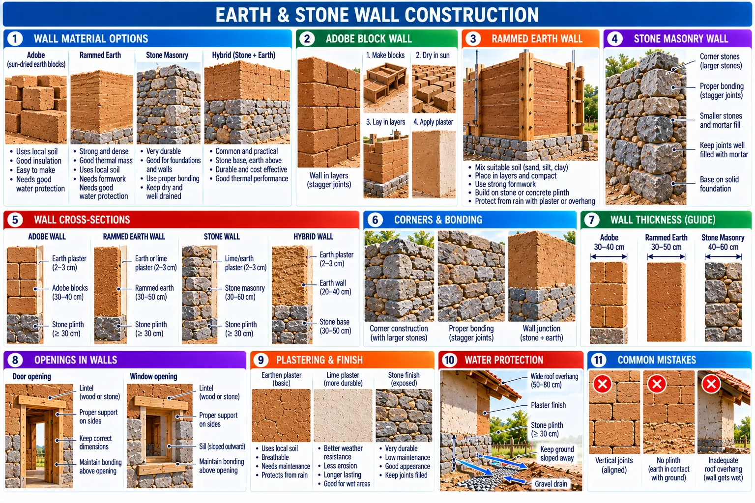 Eleven panels: wall materials, adobe, rammed earth and stone masonry, cross-sections, corners and bonding, a thickness guide, openings, plaster, water protection, and common mistakes.