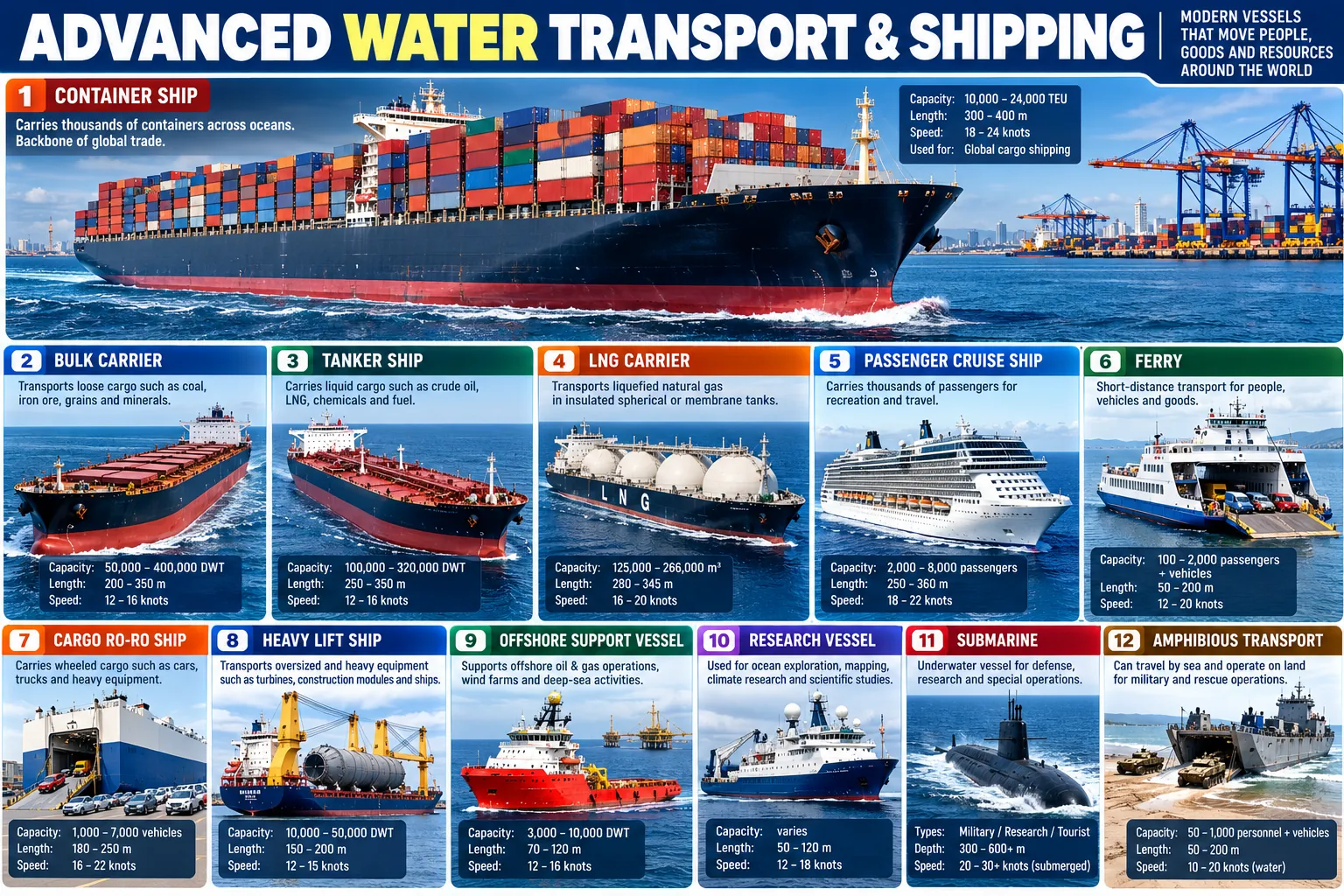 Twelve kinds of large vessel with typical capacity, length and speed: container ship, bulk carrier, tanker, LNG carrier, cruise ship, ferry, ro-ro, heavy-lift ship, offshore support vessel, research vessel, submarine and amphibious transport.