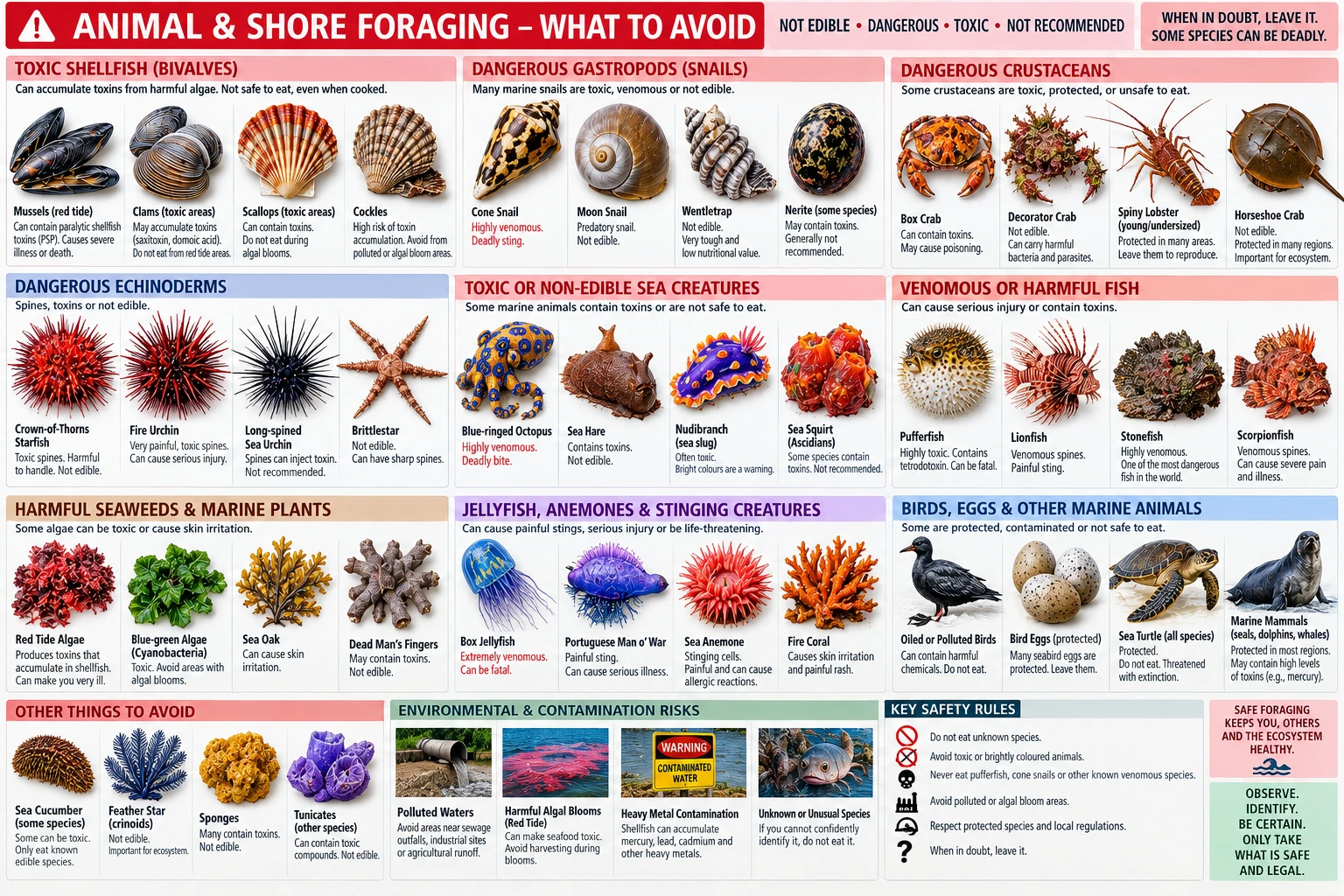 Shore species to leave alone: toxic shellfish, venomous snails and fish, stinging and spined animals, protected species, and the contamination that makes an otherwise safe species unsafe.