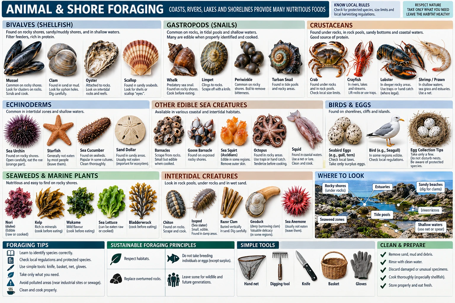 What a shoreline yields — bivalves, gastropods, crustaceans, echinoderms, seaweeds, intertidal animals and eggs — and where on the shore each of them is found.