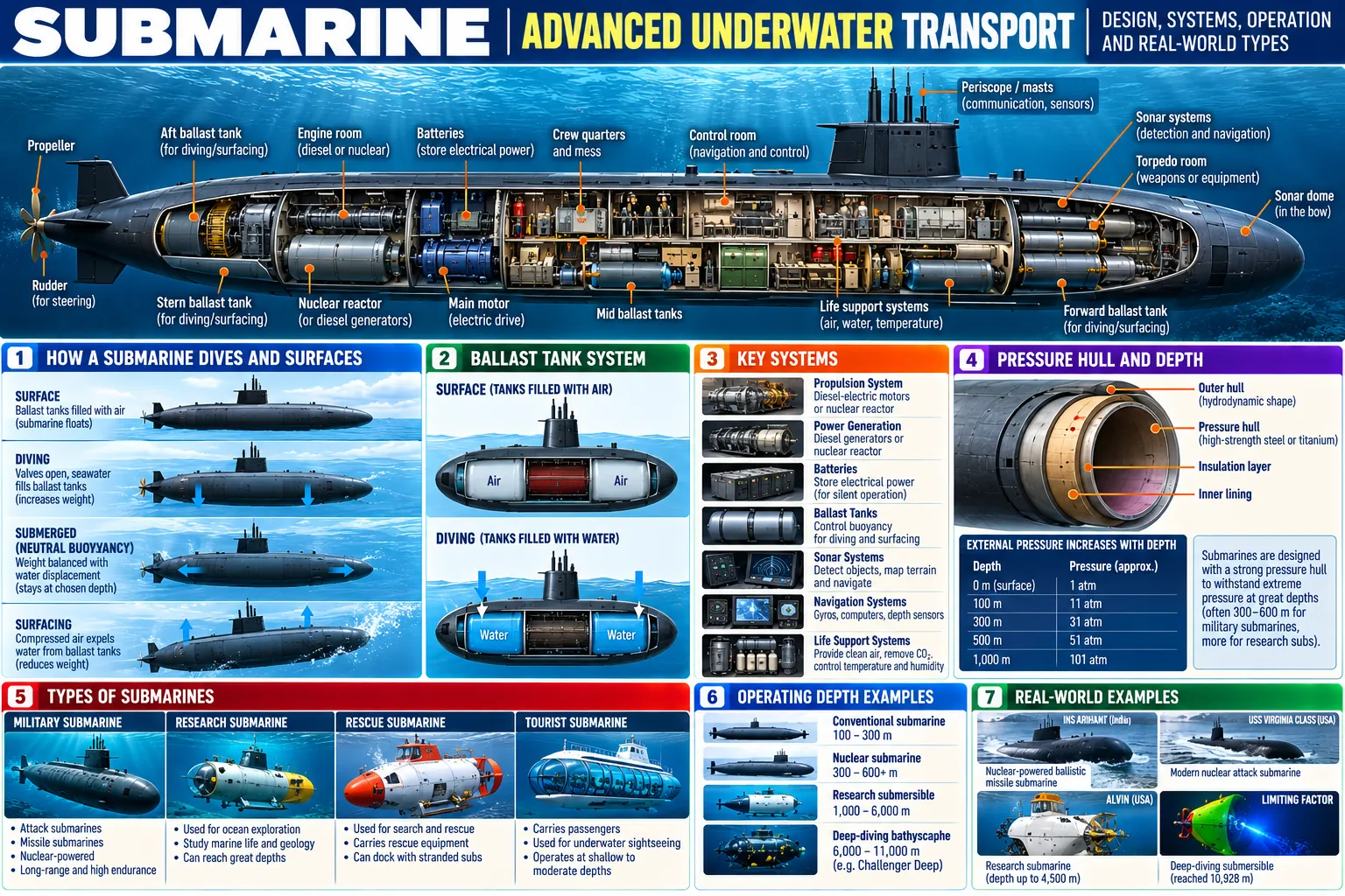 A cutaway of a submarine and its compartments, how it dives and surfaces, the ballast tanks, its key systems, the pressure hull and the pressure at each depth, military, research, rescue and tourist types, operating depths, and real examples.