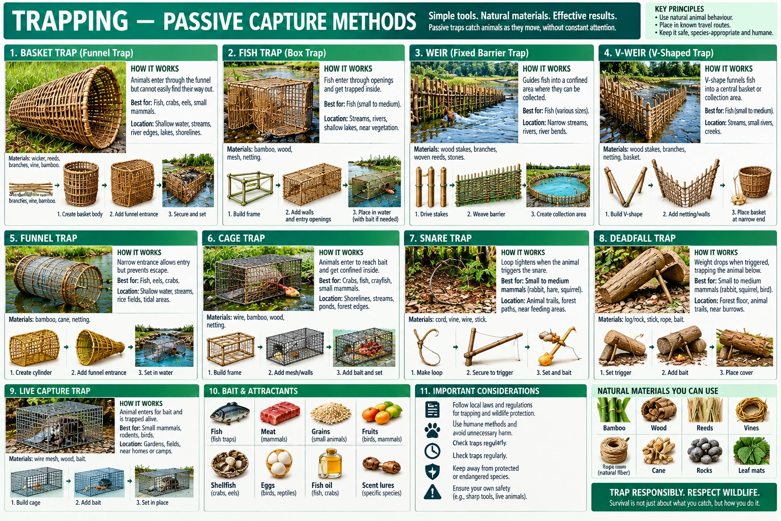 Snares, deadfalls, cage and live traps alongside the fish traps, each shown in three build stages with its materials, its best quarry and where to set it.