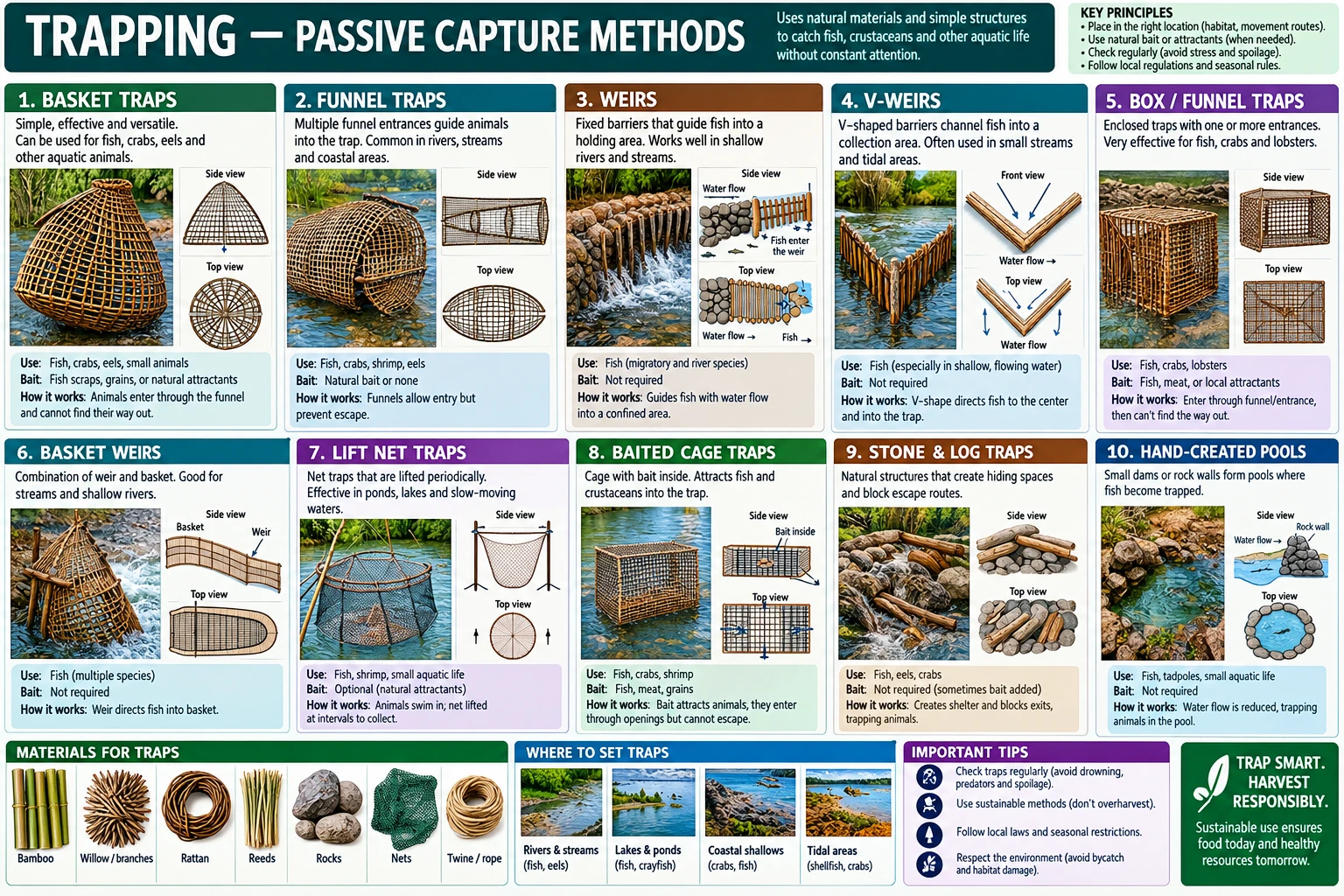 Ten passive water traps — basket, funnel, weir, V-weir, box, basket weir, lift net, baited cage, stone-and-log, and dammed pool — each with side and top view, bait, and the mechanism that stops an animal leaving.