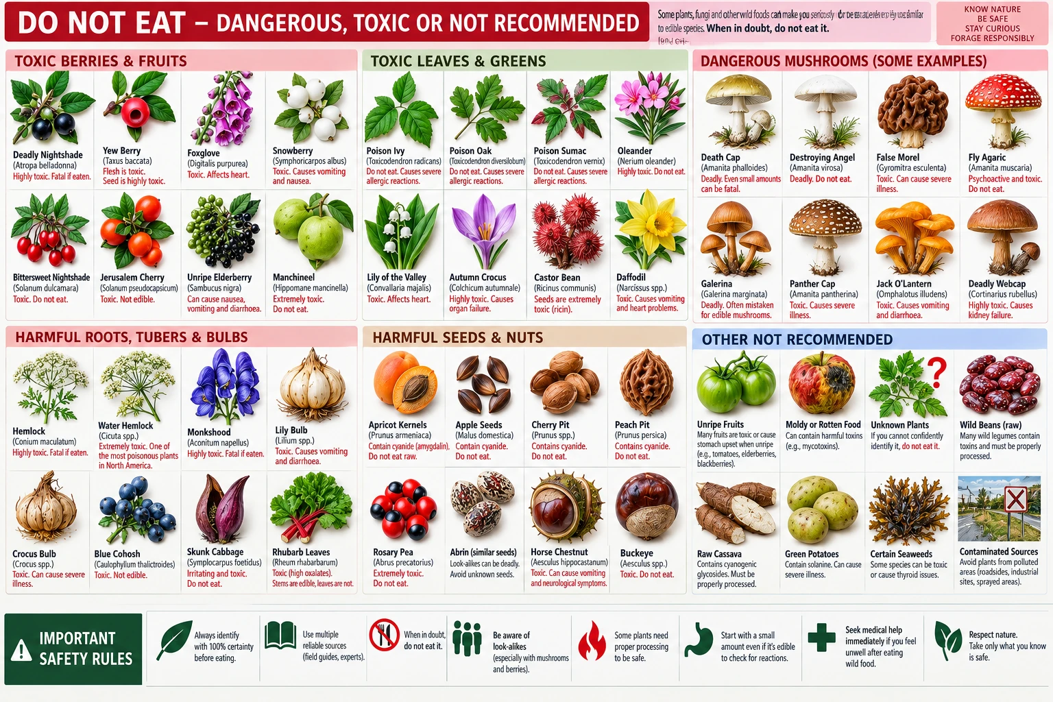 The other half of the foraging lesson — common plants, fungi, seeds, roots and bulbs that poison, the ones that poison only raw, and the look-alikes that account for most fatal mistakes.