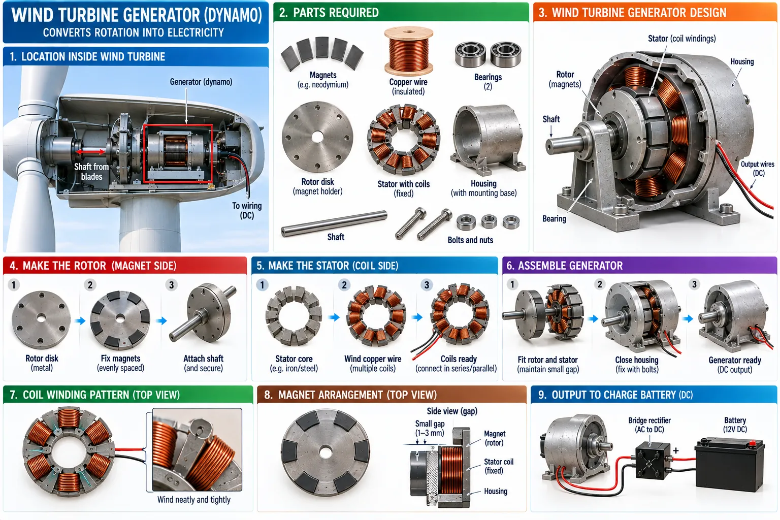 The alternator inside a small turbine — where it sits, the parts, the magnet rotor and coil stator built step by step, the winding, the magnet gap, and the output to a battery through a rectifier.