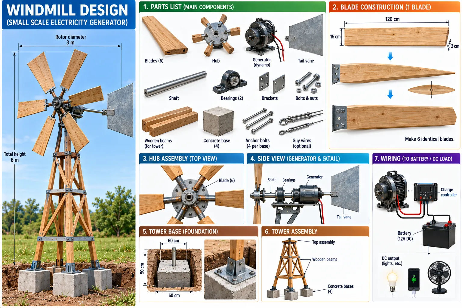 A 3 m, six-blade turbine on a 6 m timber tower: the parts list, cutting a blade, hub and generator layout, the foundations, and the wiring to a 12 V battery.