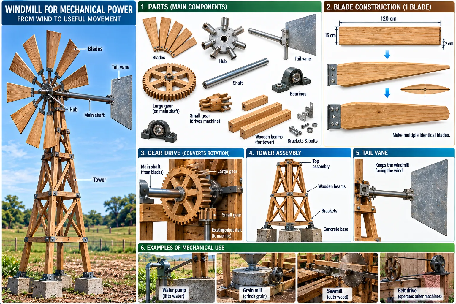 A multi-blade fan wheel on a timber tower: its parts, one blade cut from a board, the gear drive to the output shaft, the tower, the tail vane, and the machines it can drive.