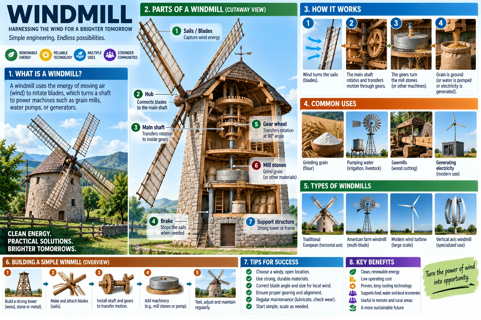 A tower mill in cutaway — sails, hub, shafts, gearing, brake and stones — with the drive from sail to sack, what the power is used for, the four common kinds of windmill, and the build sequence in outline.