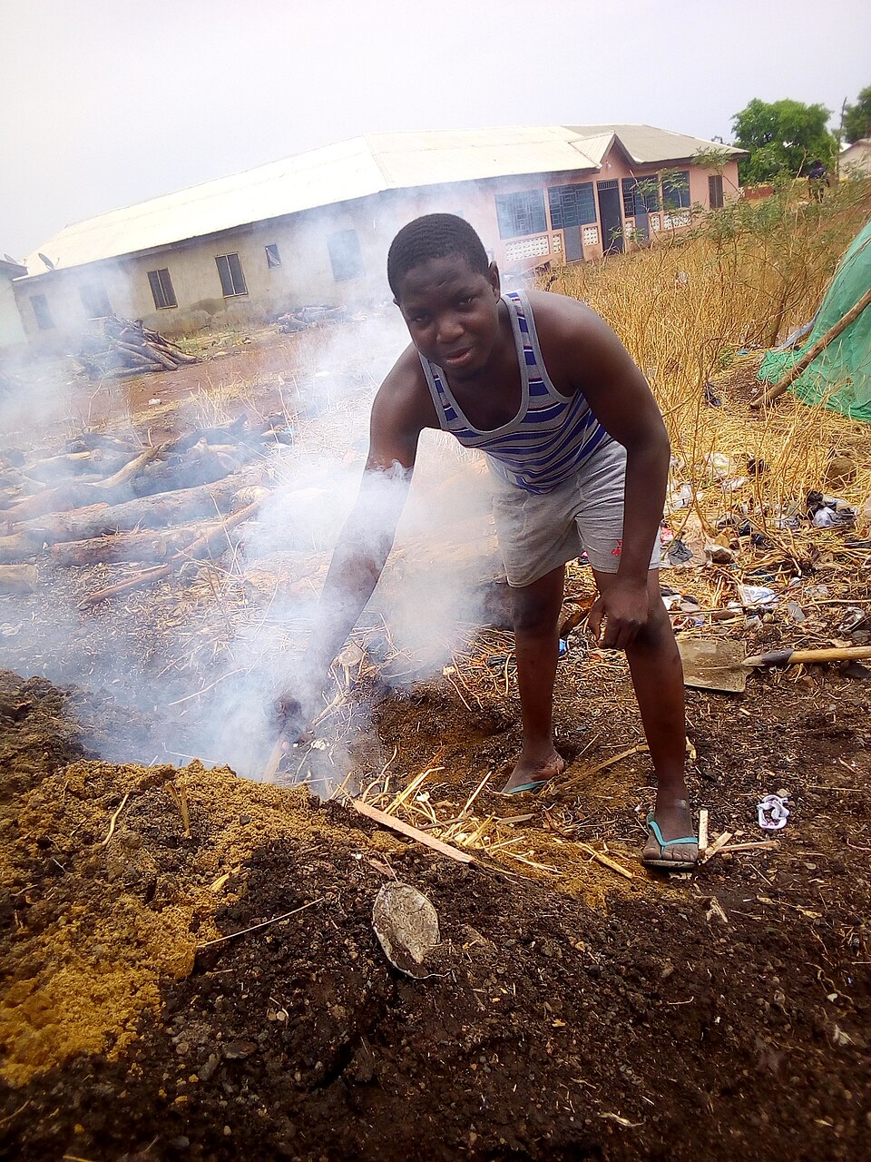 Sealing a leak in an earth-covered clamp, Northern Ghana. Any hole that draws air burns wood to ash.