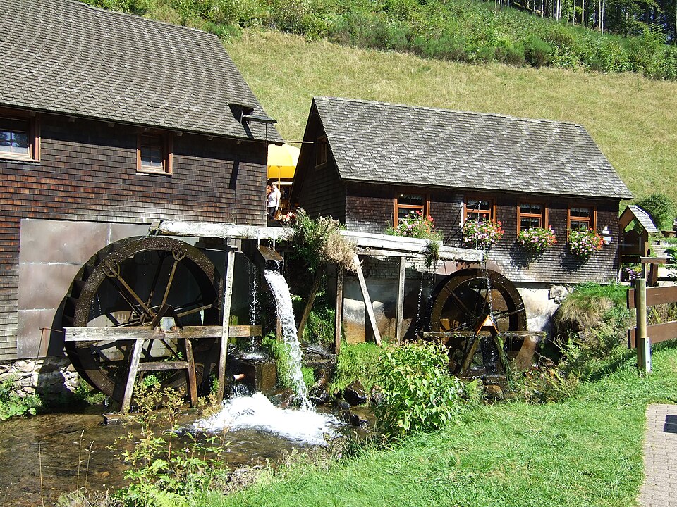 Overshot wheels at the Hexenloch mill — the first power that is not muscle.