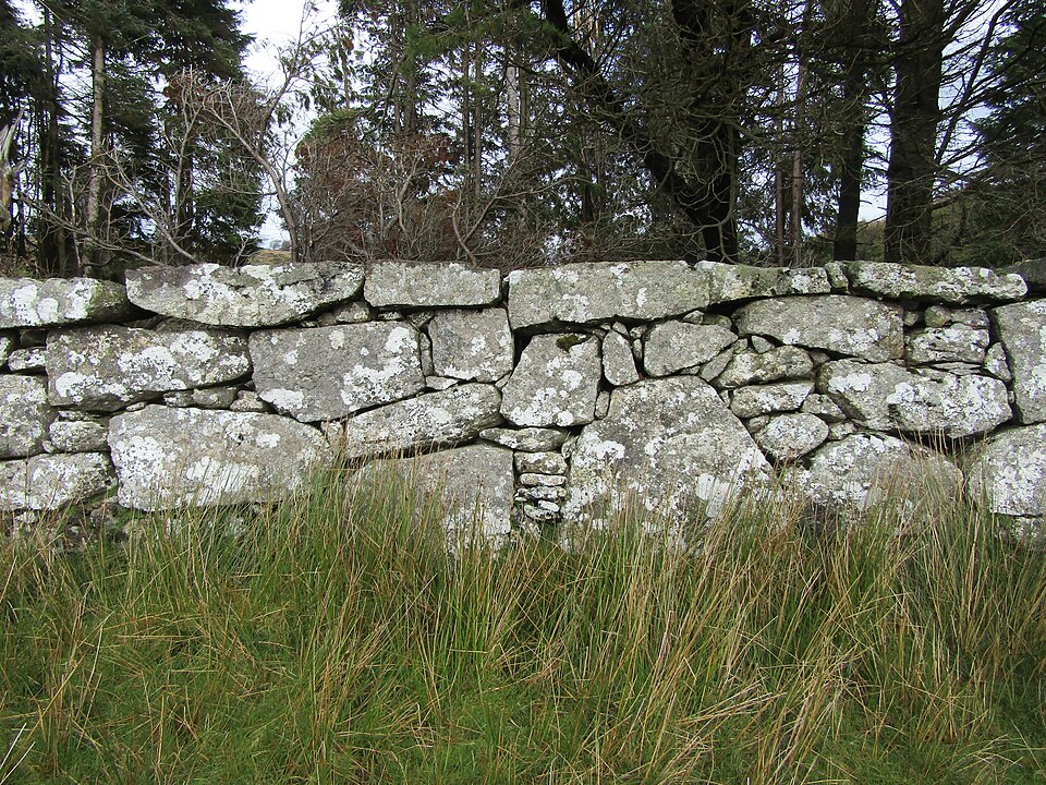 A dry stone wall on Dartmoor: no mortar, only stones set to lean inward and cross each other's joints on a wide base.