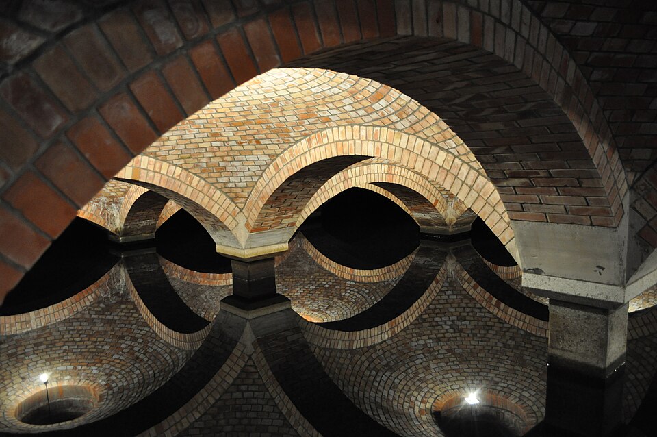 The vaulted galleries of the Lindley slow sand filters in Warsaw — covered beds, still in service.
