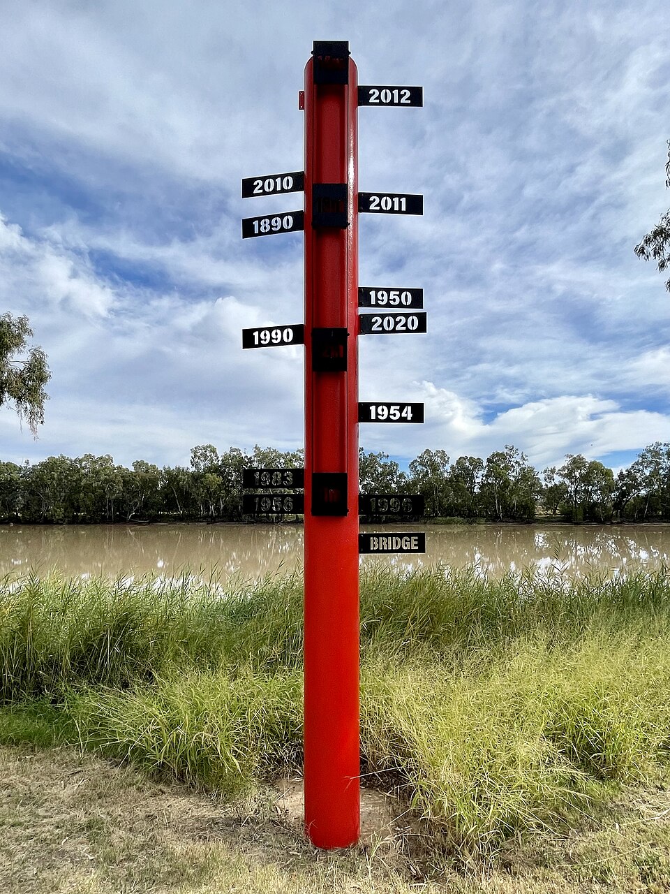 Flood heights on a pole beside the Balonne River at St George, Queensland: the 1890 mark stood until 2010, 2011 and 2012 went higher.