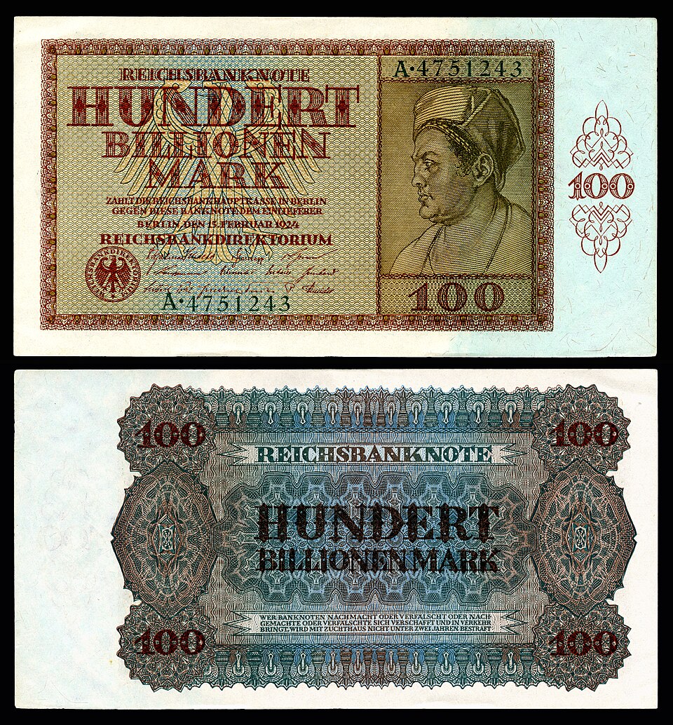 A Reichsbank note for 100 trillion (Hundert Billionen) marks, dated 15 February 1924, at the end of the German hyperinflation.