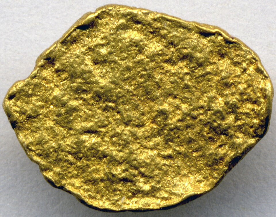 A placer gold nugget: soft, heavy, the same buttery yellow in any light, and never tarnished. Pyrite, fool's gold, is harder and brassier and shatters when struck.