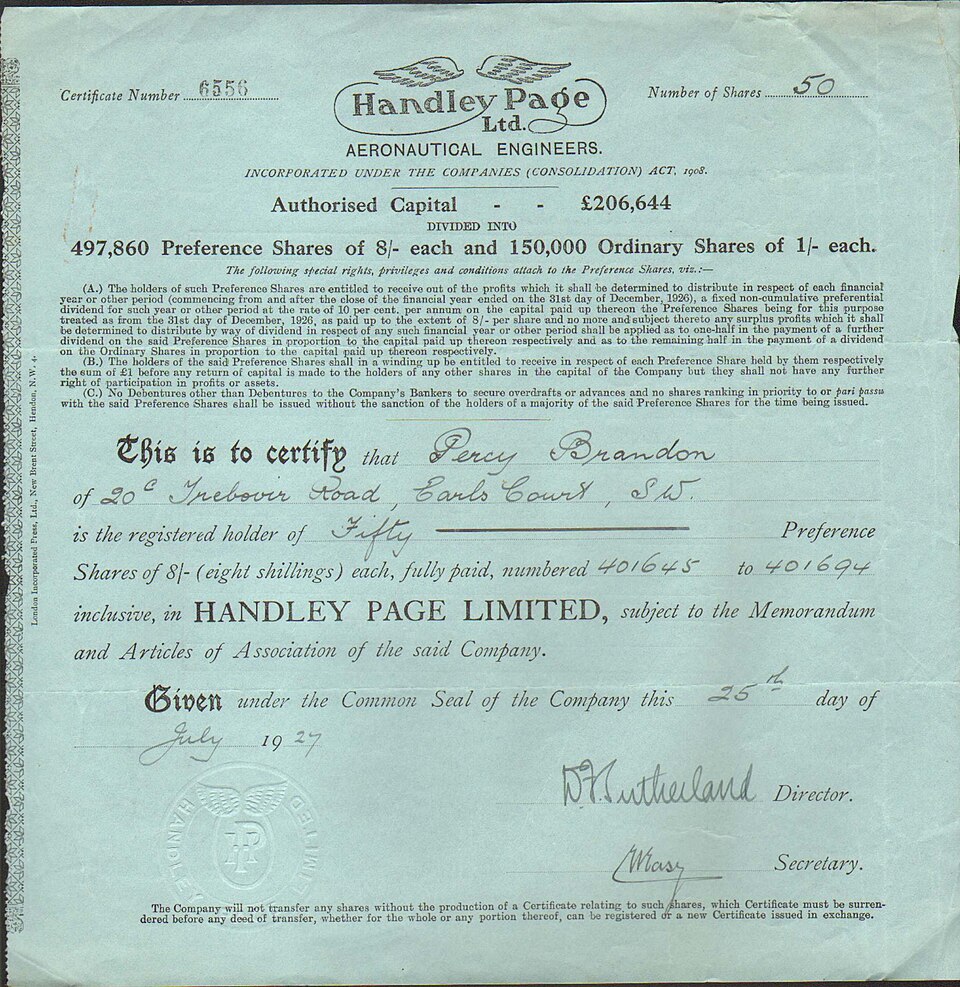 A share certificate of Handley Page Limited, aircraft makers, 1927: fifty fully paid preference shares in a named holder, numbered, subject to the company's Memorandum and Articles of Association and given under its common seal.