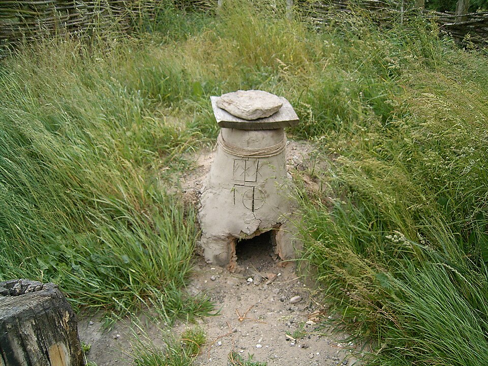 A reconstructed clay smelting furnace at the Fyrkat Viking centre, Denmark.