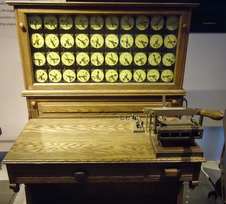 A replica of Hollerith's tabulator, built for the United States census of 1890: each punched card closed circuits through the press at right, and each dial counted one category.