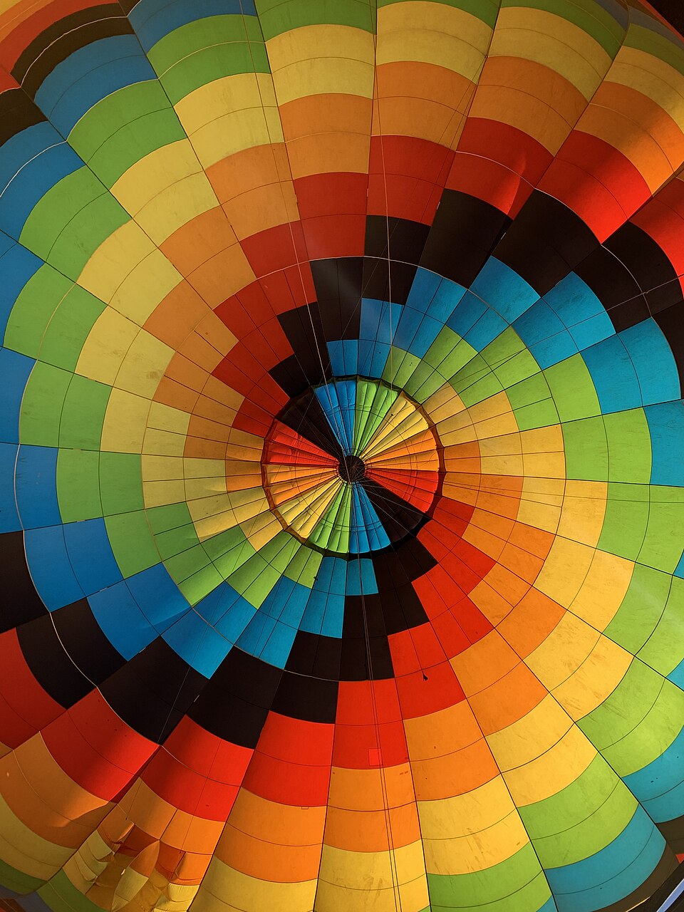 Inside a hot-air balloon's envelope, looking up: the gores meet at the crown, each sewn from panels.