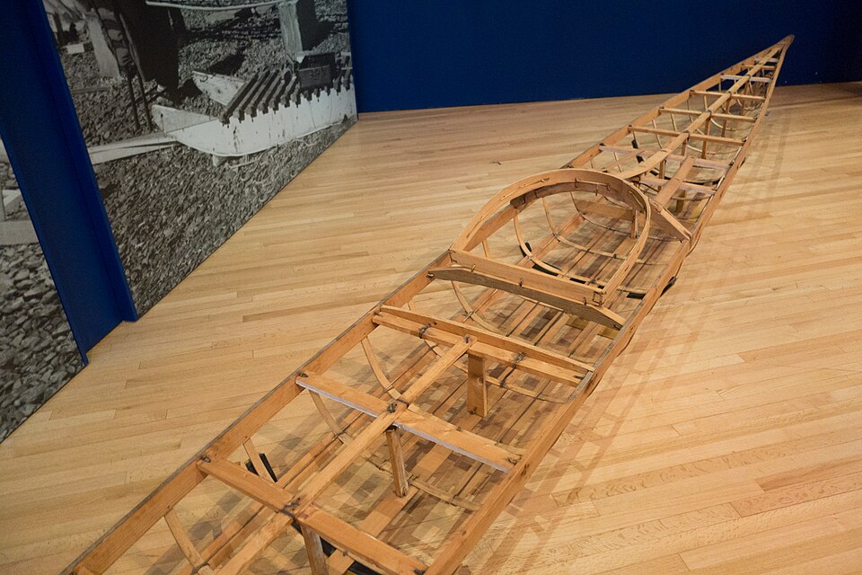 An Inuit kayak frame: gunwales, bent ribs and stringers lashed together, ready for its skin.