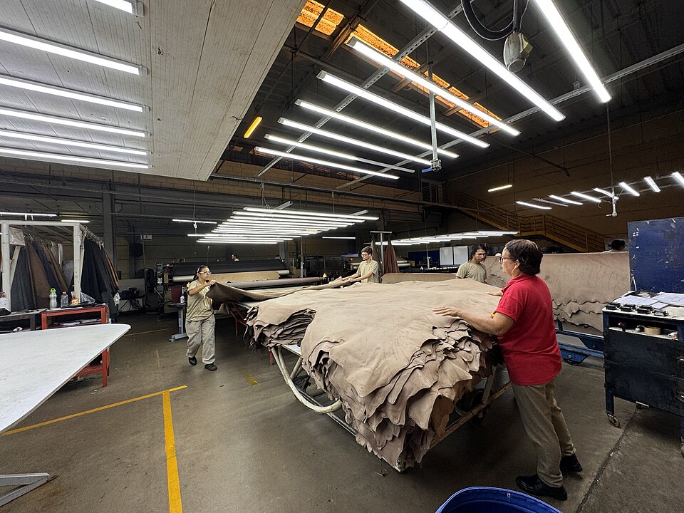 Hides being worked in a tannery. Leather is the flexible, tough material available before polymers.