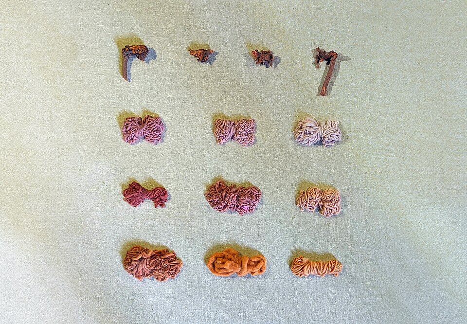 Wool dyed with madder root — the reds, pinks and oranges one plant gives depending on mordant, strength and temperature.