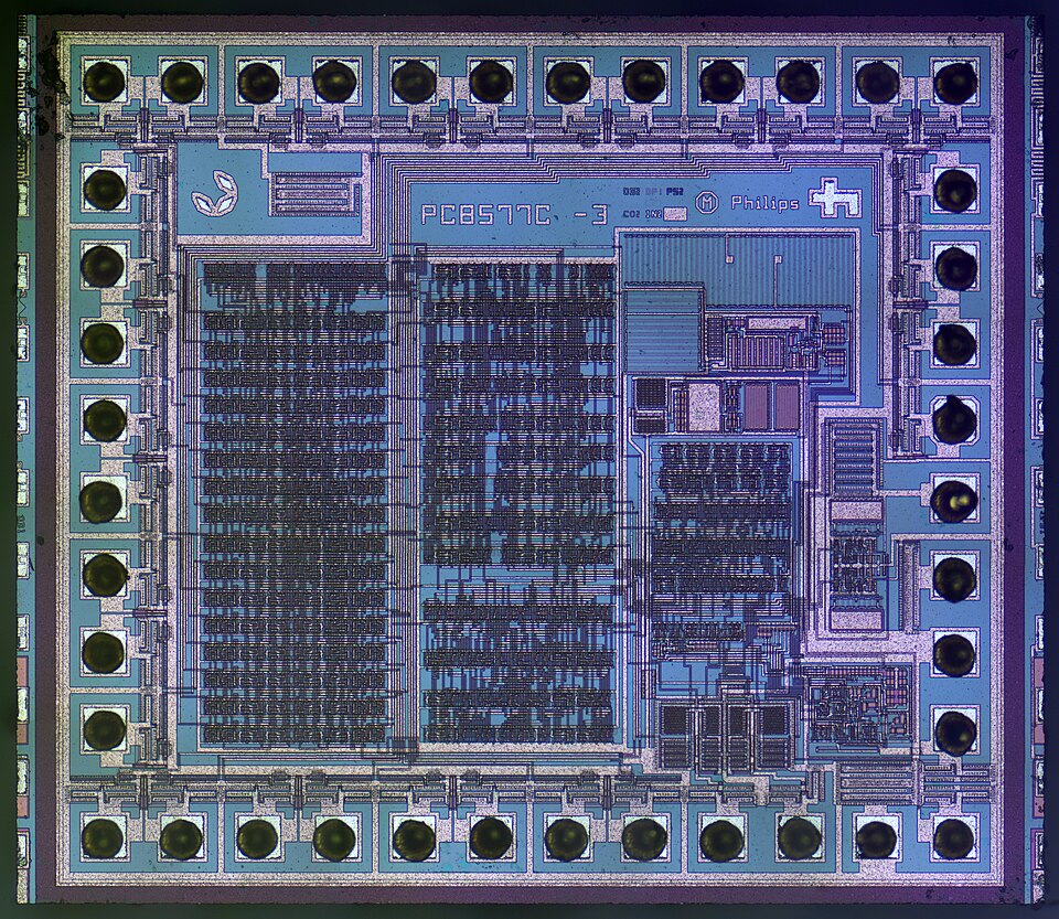 An integrated circuit die. Thousands of switches printed at once instead of assembled.