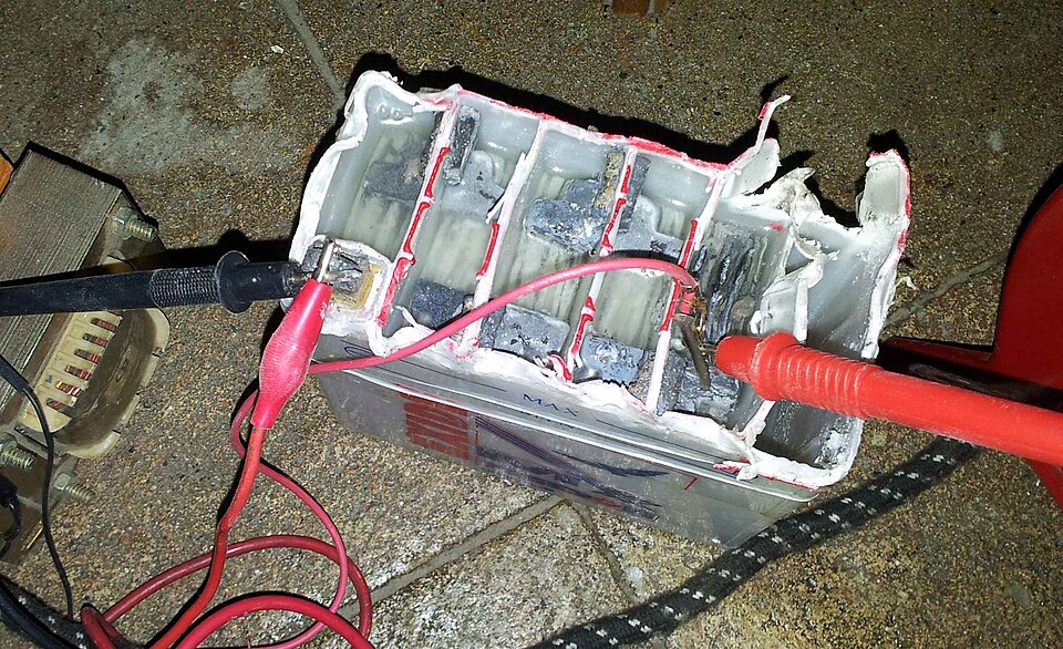 A lead-acid battery cut open: six cells in a row, each a stack of lead plates in dilute sulphuric acid giving about 2 volts, wired in series for 12.