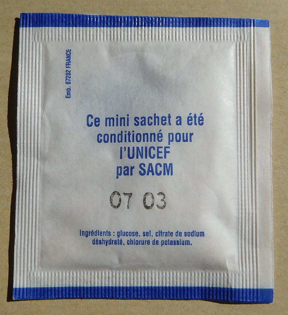 A UNICEF oral rehydration salts sachet — glucose, salt, sodium citrate and potassium chloride, made up with one litre of safe water.