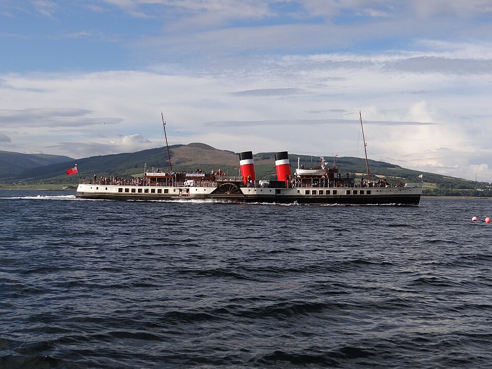 The paddle steamer Waverley on the Firth of Clyde, 2013: a wheel on each side, driven by a steam engine.