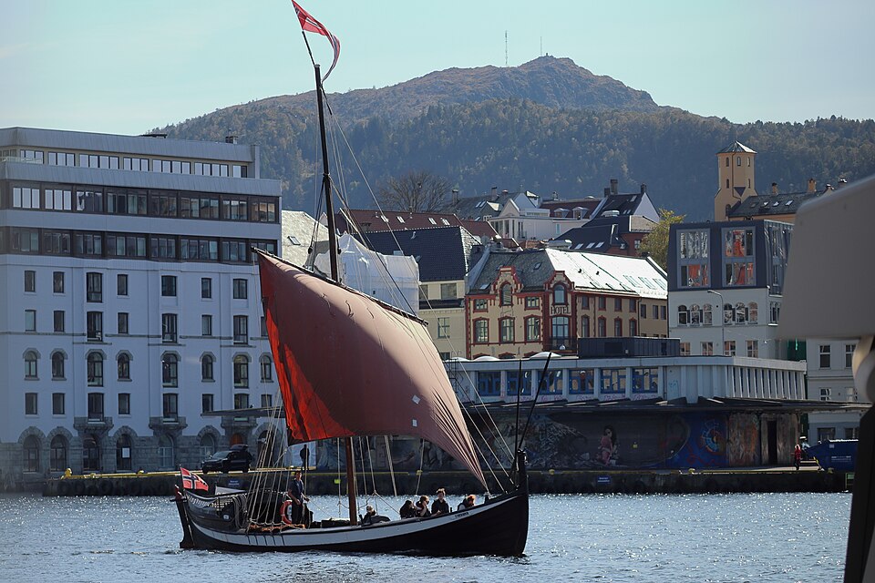 A Viking ship replica under a single square sail, Bergen, 2023: the sail drives it only with the wind behind or on the side.