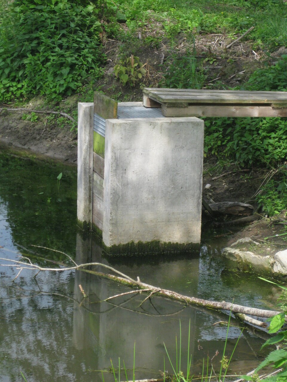 A concrete pond monk with a footbridge out to its boards.
