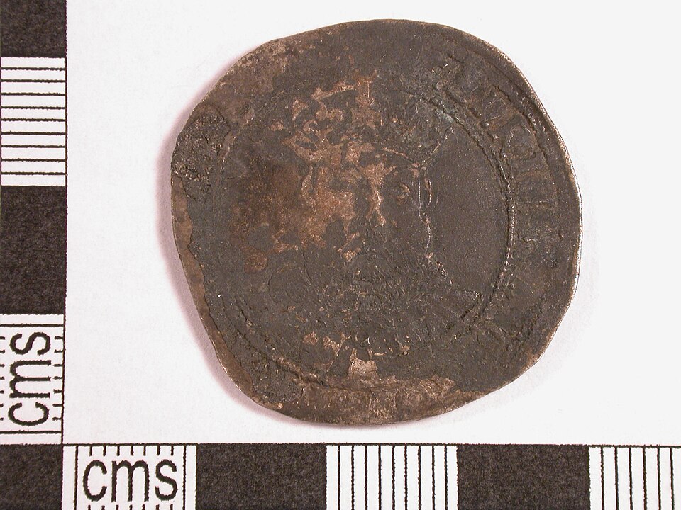 A testoon of Henry VIII's third coinage (1544–1547), struck at the Tower mint during the Great Debasement and found in England.