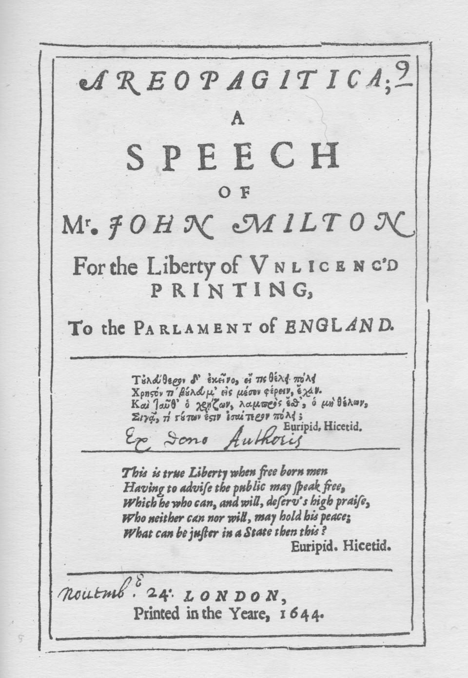 The title page of John Milton's Areopagitica (London, 1644), a speech to Parliament "for the liberty of unlicenc'd printing".