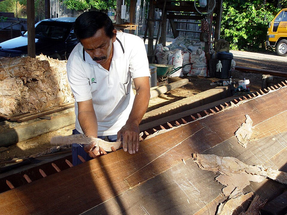 Caulking a new plank boat in Malaysia, 2004: bark fibre laid along the seam between planks.