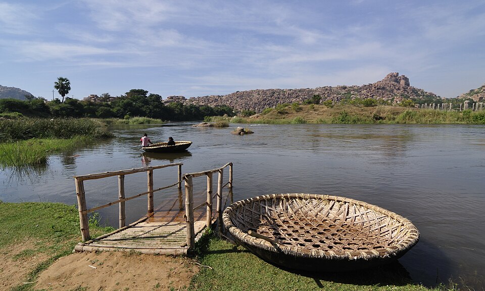 Round coracles on the Tungabhadra at Hampi, India, 2012: a woven bamboo frame under a waterproof skin, used as river ferries.