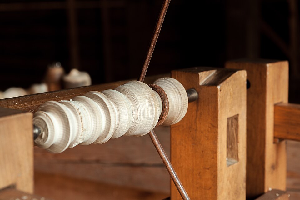 Work in progress on a pole lathe — the cord wraps directly round the workpiece.